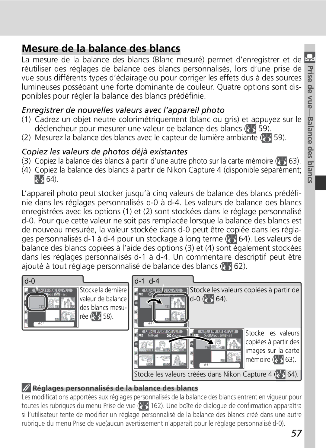 Nikon D2H manual Mesure de la balance des blancs, Enregistrer de nouvelles valeurs avec l’appareil photo 