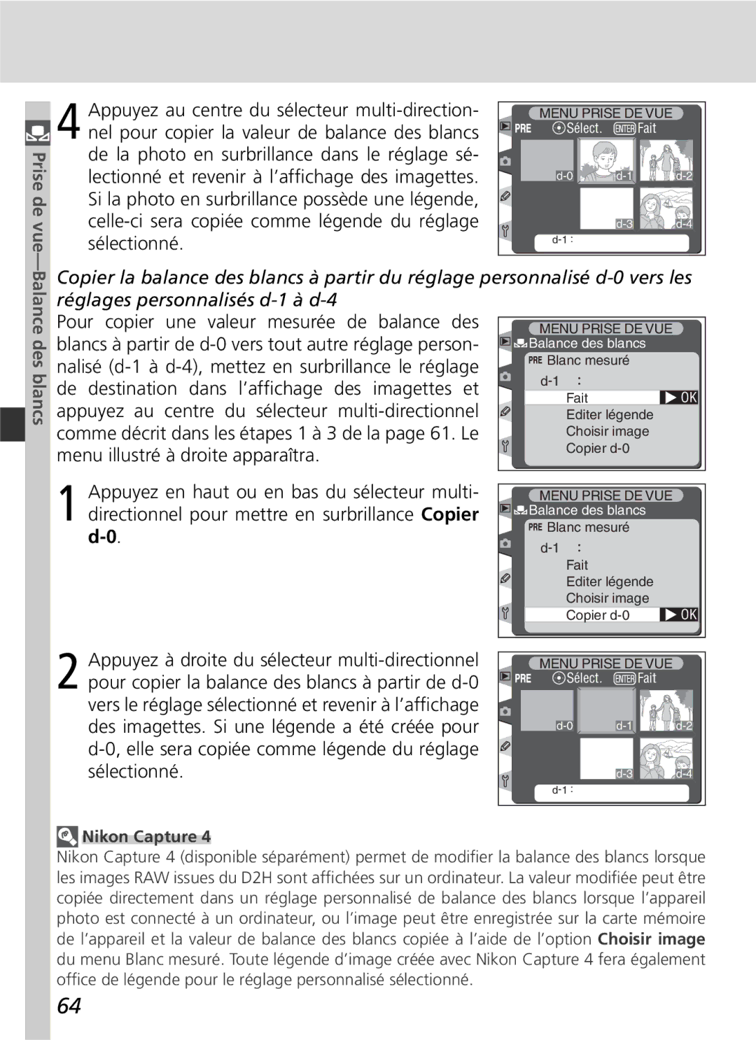 Nikon D2H manual Balance des blancs, Nikon Capture 