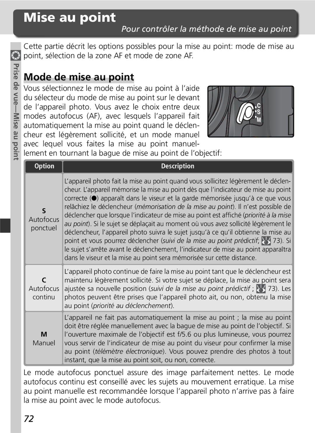 Nikon D2H manual Mode de mise au point, Pour contrôler la méthode de mise au point, Prise de vue-Mise au point 