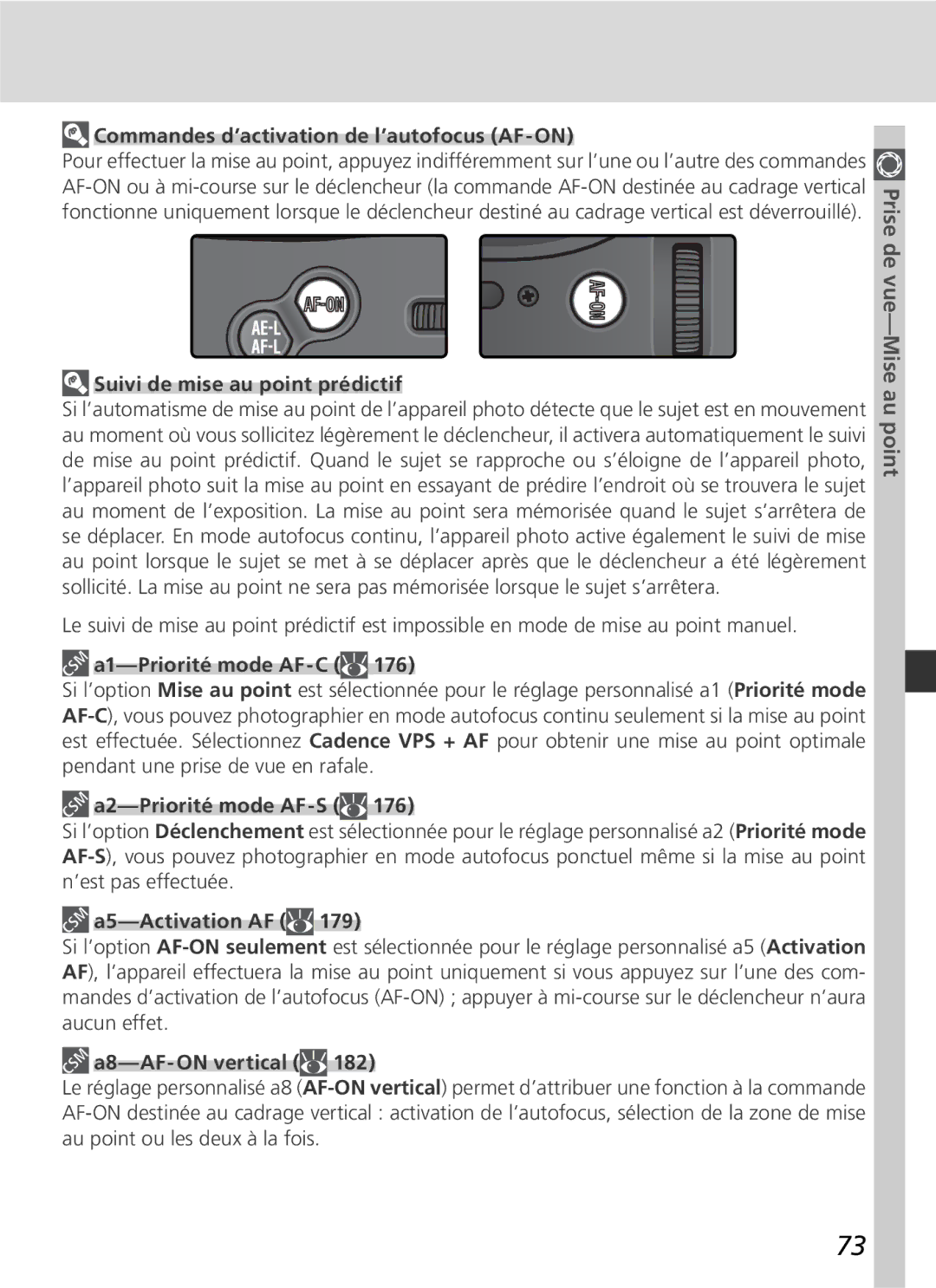 Nikon D2H manual Commandes d’activation de l’autofocus AF-ON, Suivi de mise au point prédictif, A1-Priorité mode AF-C 