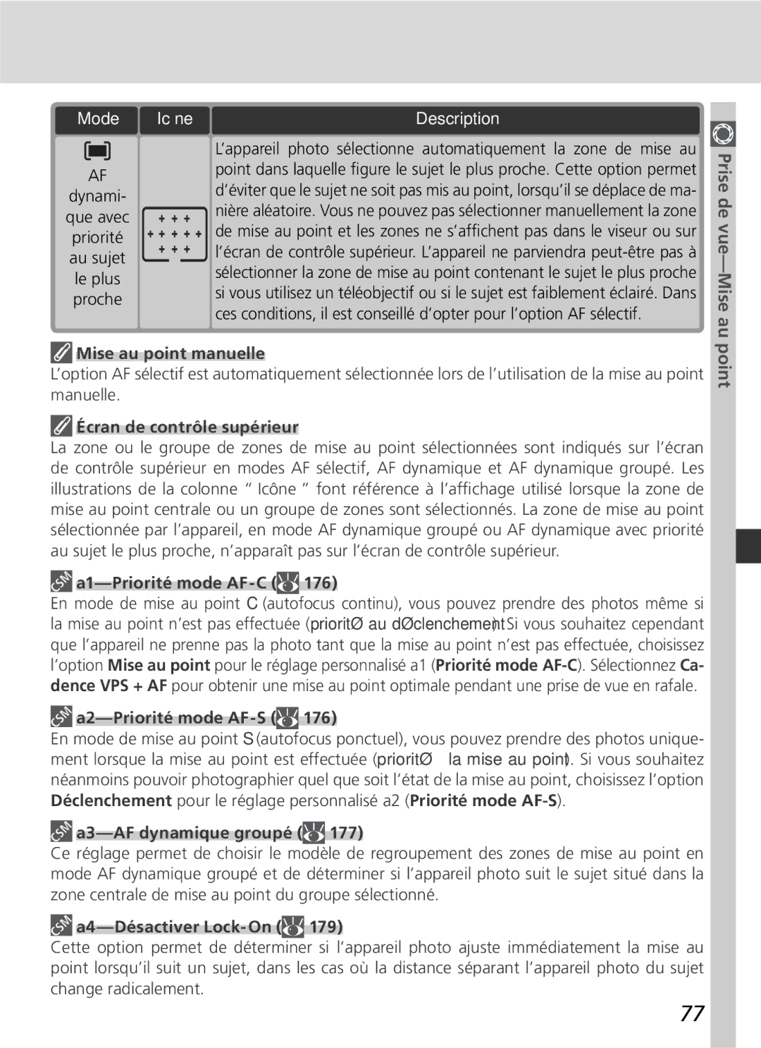 Nikon D2H manual Mise au point manuelle, Écran de contrôle supérieur, A3-AF dynamique groupé, A4-Désactiver Lock-On 