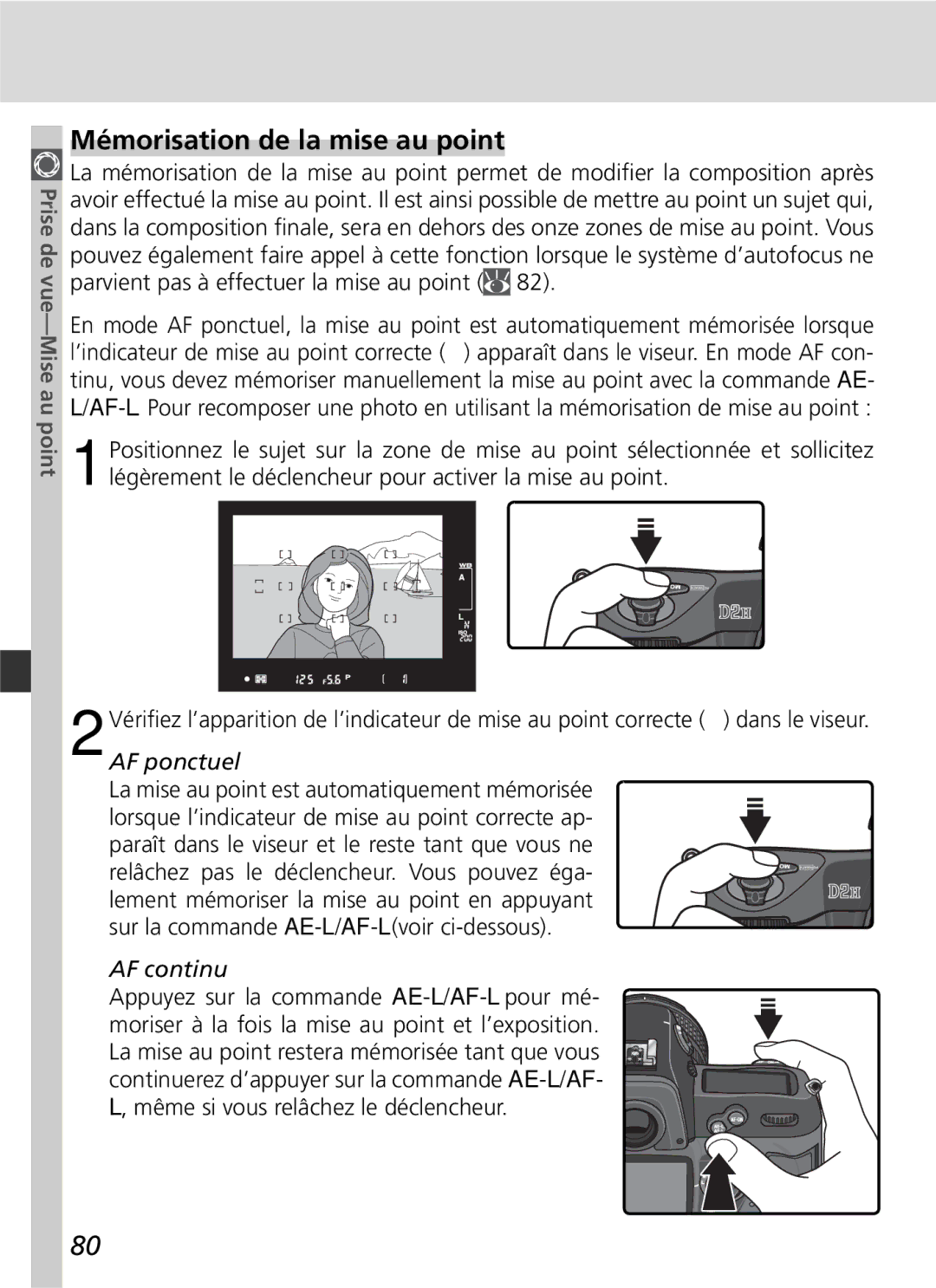 Nikon D2H manual Mémorisation de la mise au point, AF continu 