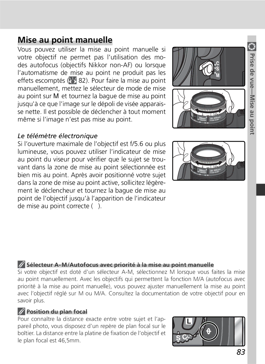 Nikon D2H manual Mise au point manuelle, Le télémètre électronique, Position du plan focal 