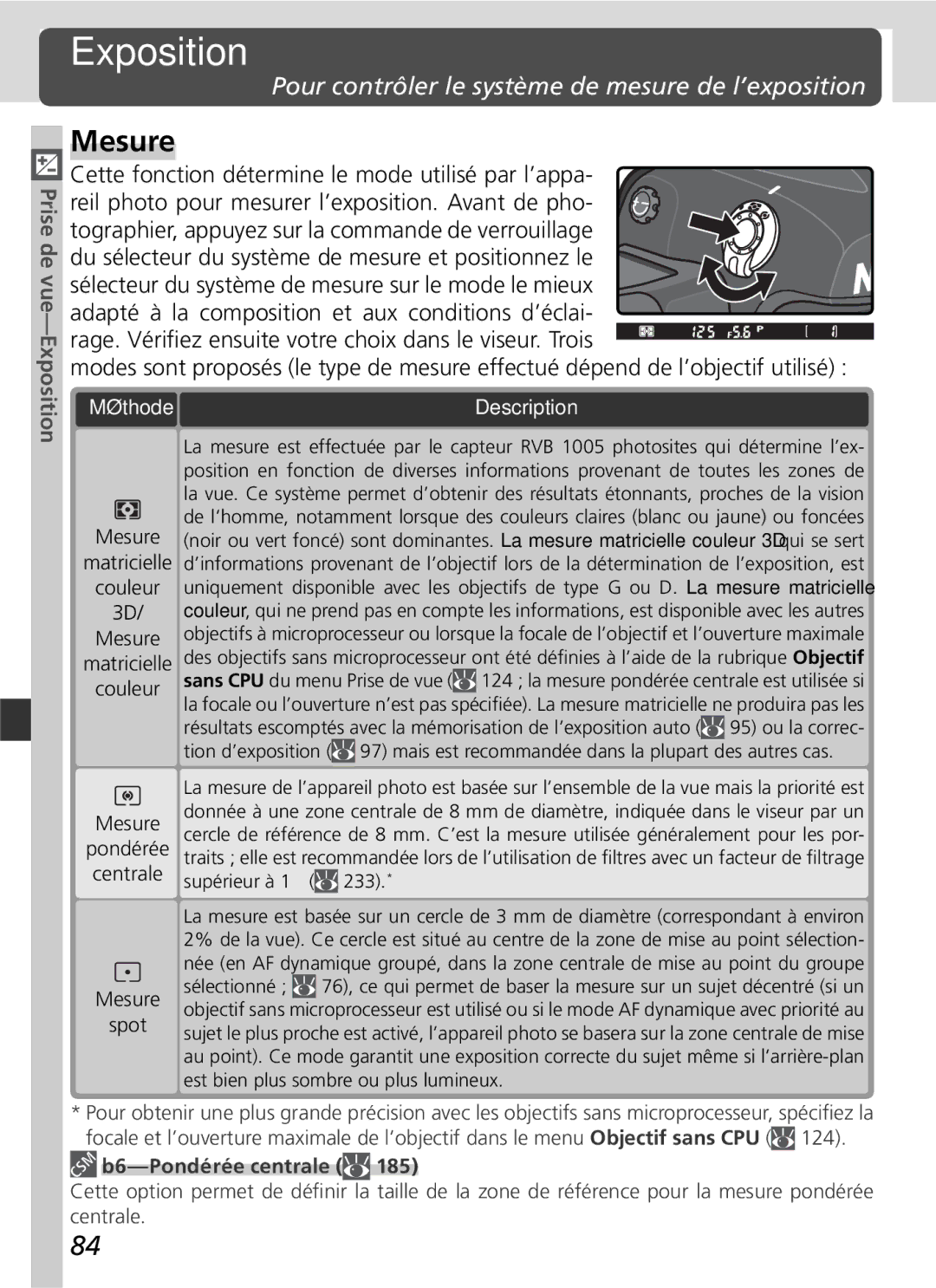 Nikon D2H Mesure, Pour contrôler le système de mesure de l’exposition, Prise de vue-Exposition, B6-Pondérée centrale 