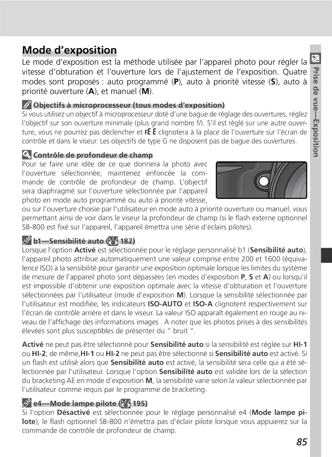 Nikon D2H manual Mode d’exposition, Objectifs à microprocesseur tous modes d’exposition, Contrôle de profondeur de champ 