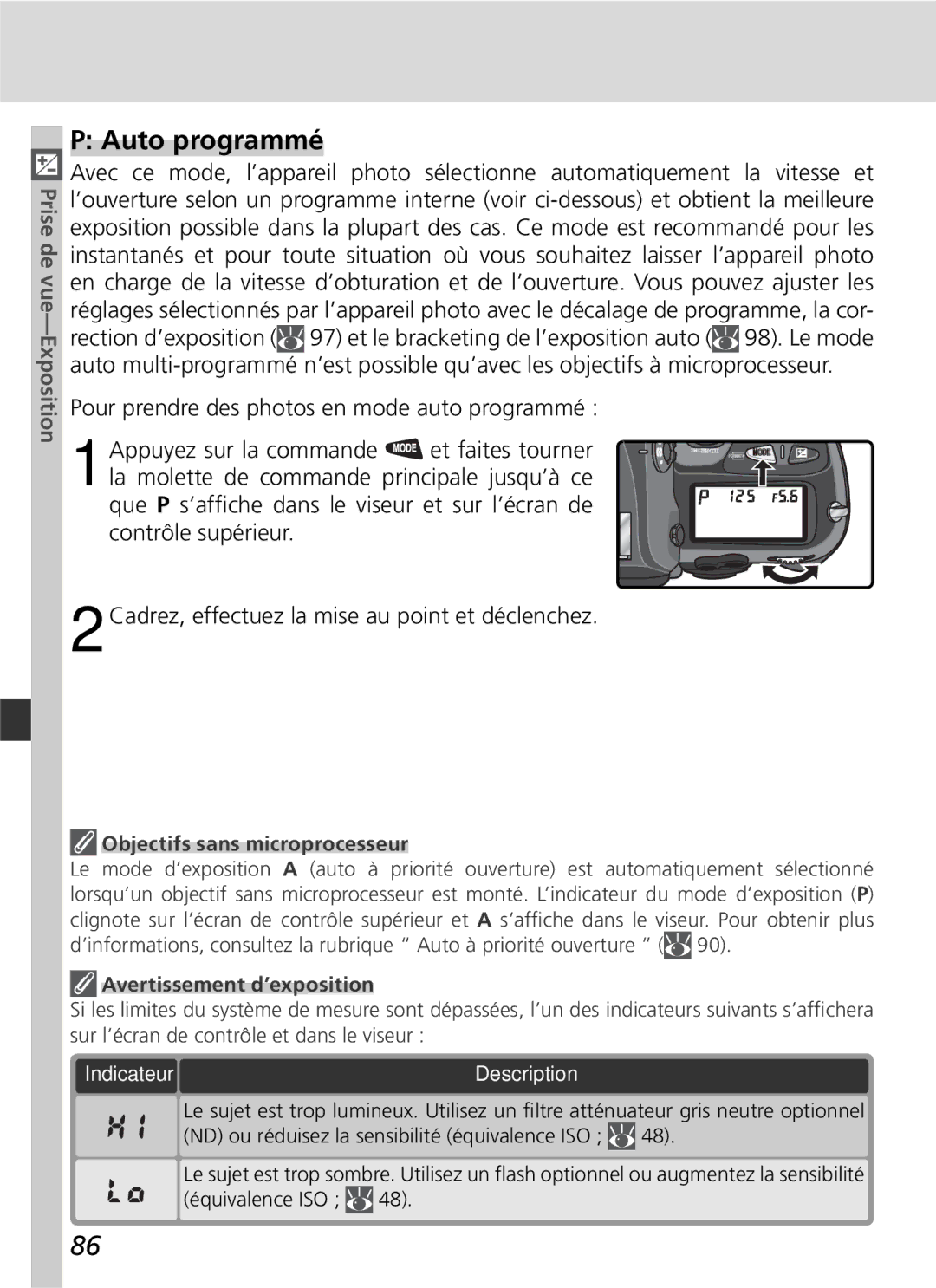 Nikon D2H manual Auto programmé, Objectifs sans microprocesseur, Avertissement d’exposition 