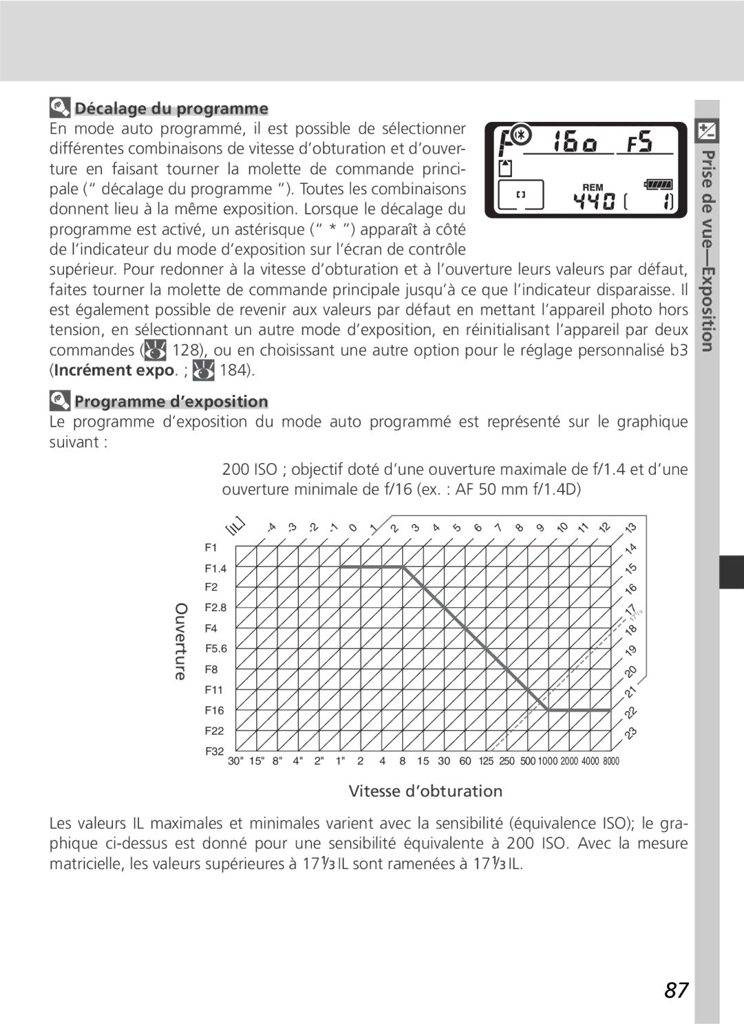 Nikon D2H manual Décalage du programme, Incrément expo, Programme d’exposition 