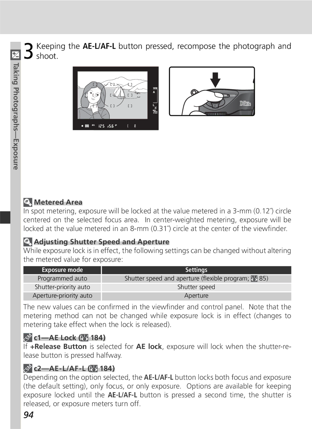 Nikon D2Hs manual Metered Area, Adjusting Shutter Speed and Aperture, C1-AE Lock 