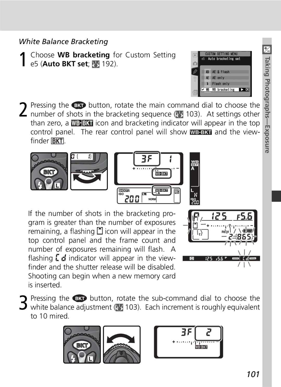 Nikon D2Hs manual 101, White Balance Bracketing, Choose WB bracketing for Custom Setting e5 Auto BKT set 