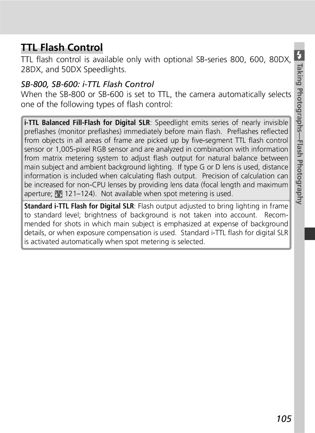 Nikon D2Hs manual 105, SB-800, SB-600 i-TTL Flash Control 