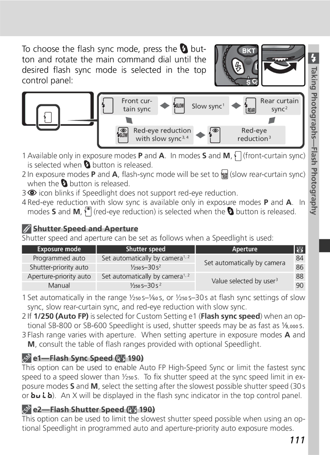 Nikon D2Hs manual 111, Shutter Speed and Aperture, E1-Flash Sync Speed, E2-Flash Shutter Speed 