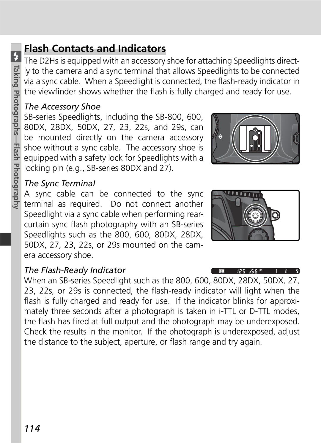 Nikon D2Hs manual Flash Contacts and Indicators, 114, Accessory Shoe, Sync Terminal 