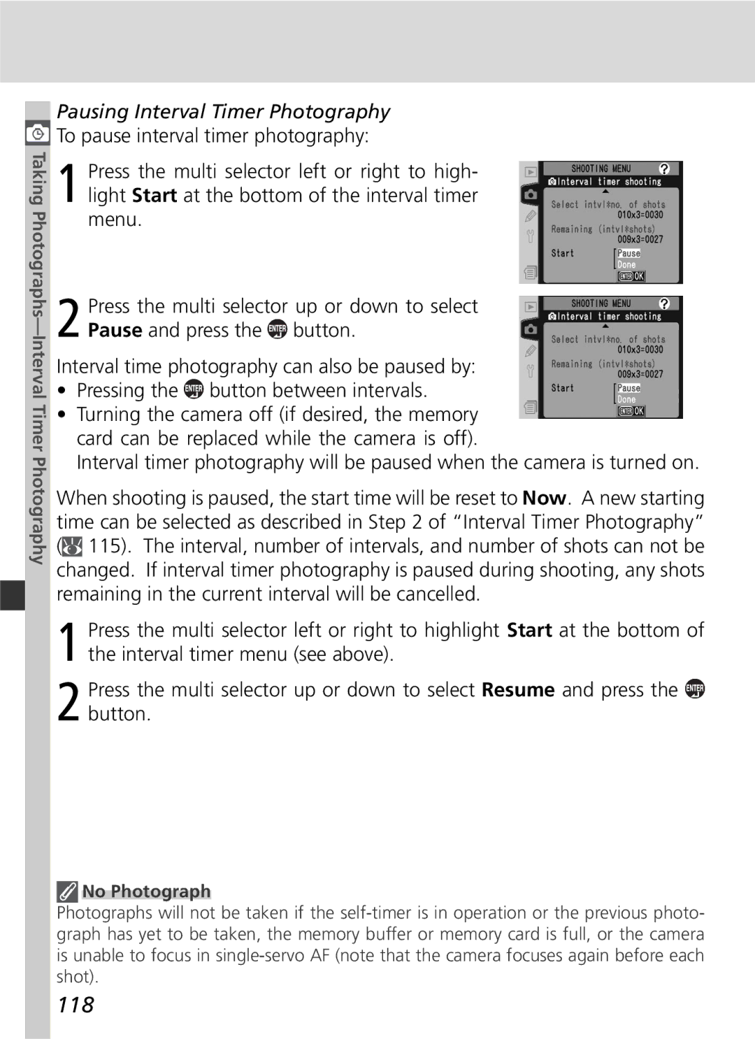 Nikon D2Hs manual 118, Pausing Interval Timer Photography, No Photograph 