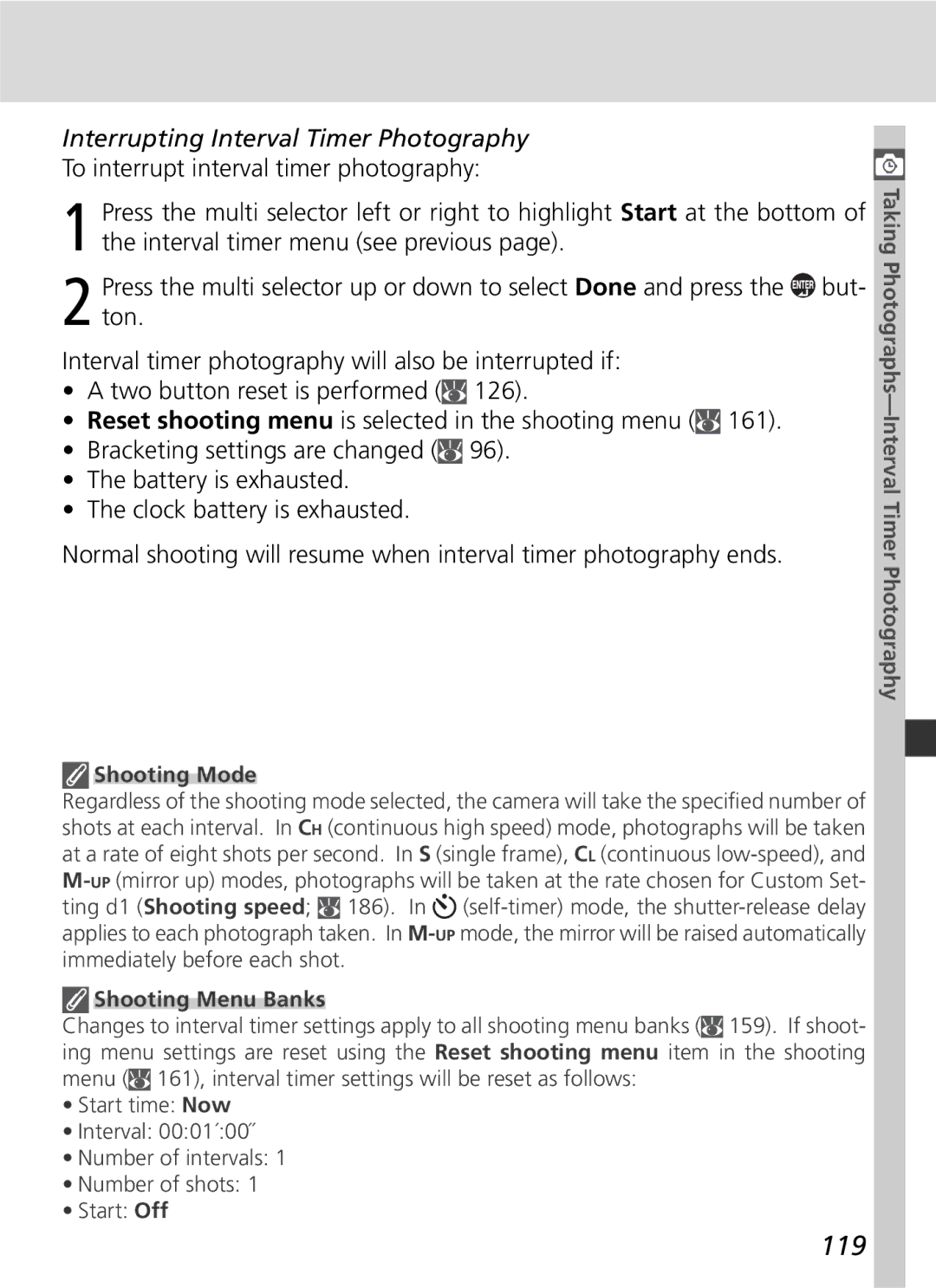 Nikon D2Hs manual 119, Interrupting Interval Timer Photography, Shooting Menu Banks 
