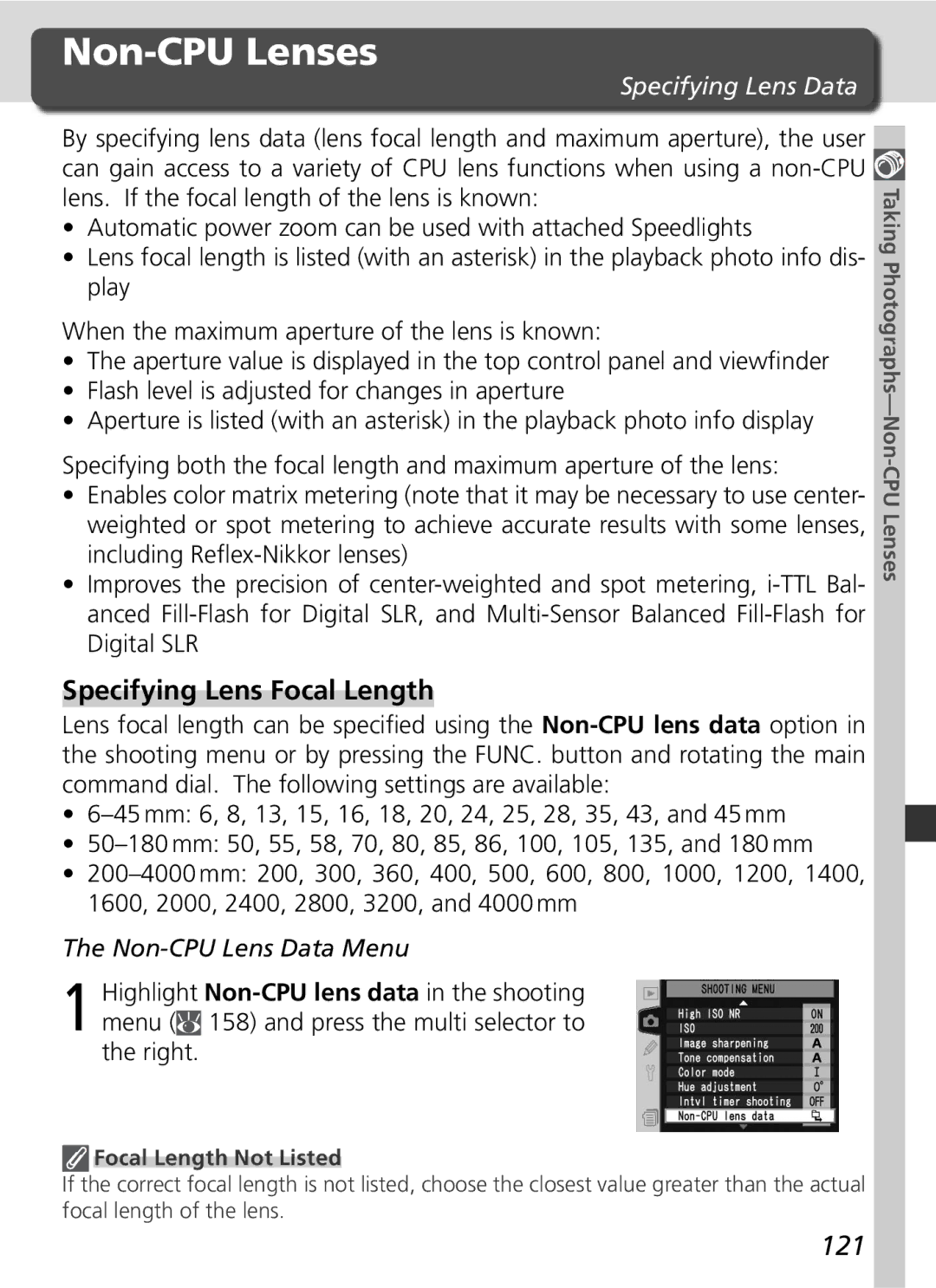 Nikon D2Hs manual Non-CPU Lenses, Specifying Lens Focal Length, 121, Specifying Lens Data, Non-CPU Lens Data Menu 