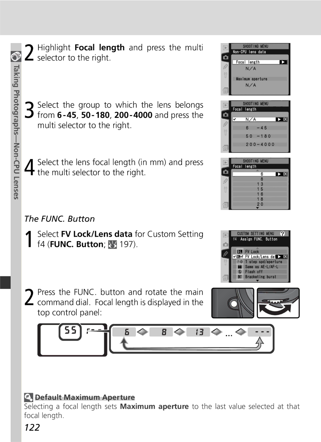 Nikon D2Hs manual 122, FUNC. Button, Default Maximum Aperture 