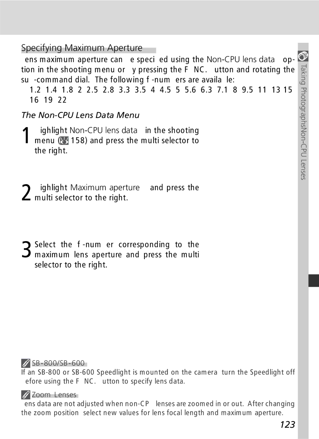 Nikon D2Hs manual Specifying Maximum Aperture, 123, SB-800/SB-600, Zoom Lenses 