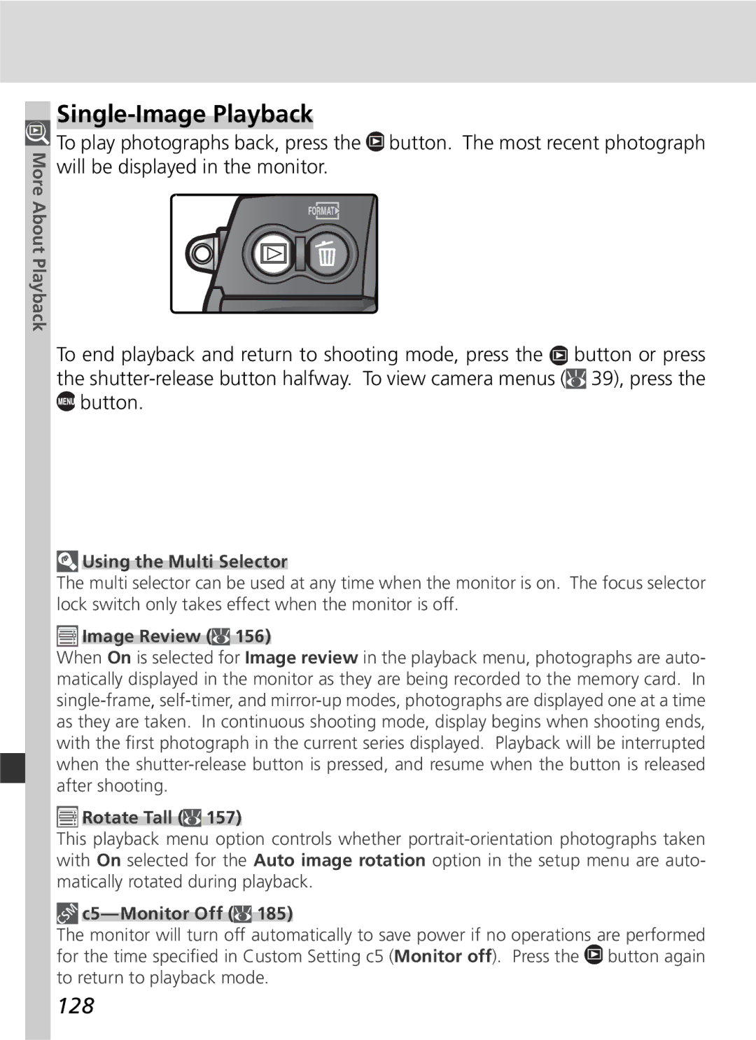 Nikon D2Hs manual Single-Image Playback, 128, Using the Multi Selector, C5-Monitor Off 