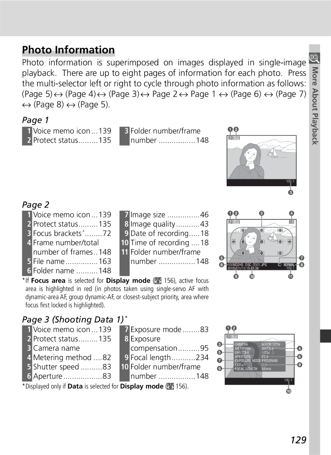 Nikon D2Hs manual Photo Information, 129, ↔ Page 8 ↔, Shooting Data 