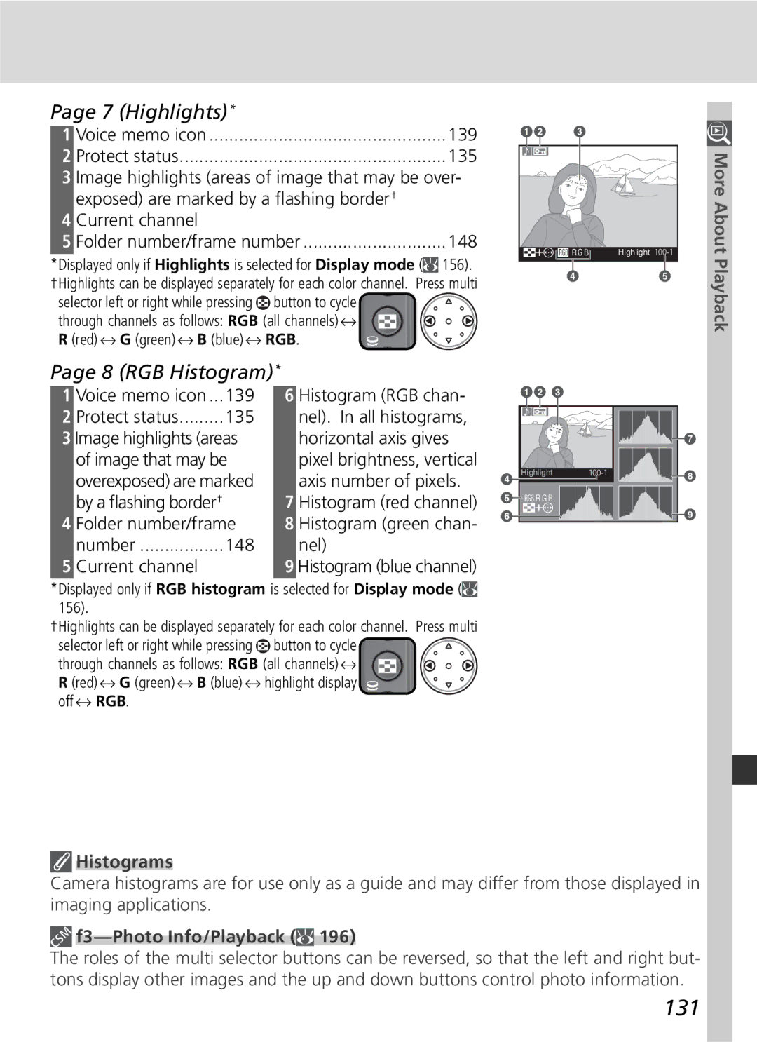 Nikon D2Hs manual 131, Highlights, RGB Histogram, Histograms, F3-Photo Info/Playback 