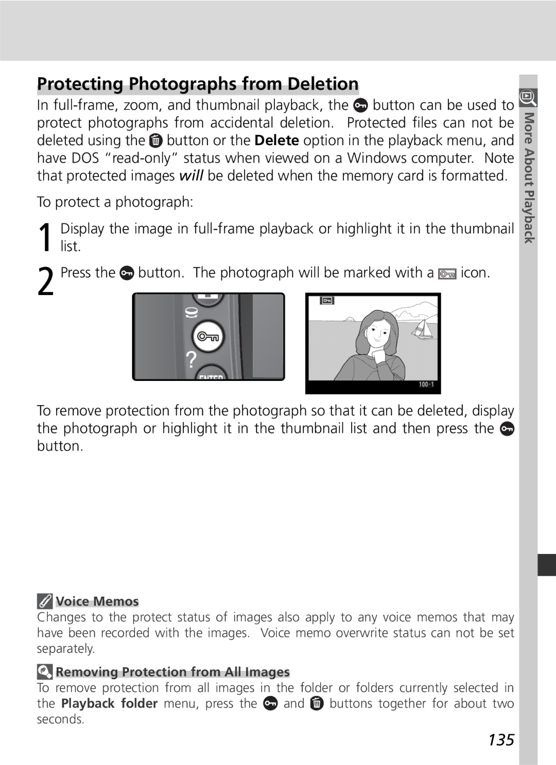 Nikon D2Hs manual Protecting Photographs from Deletion, 135, Voice Memos, Removing Protection from All Images 