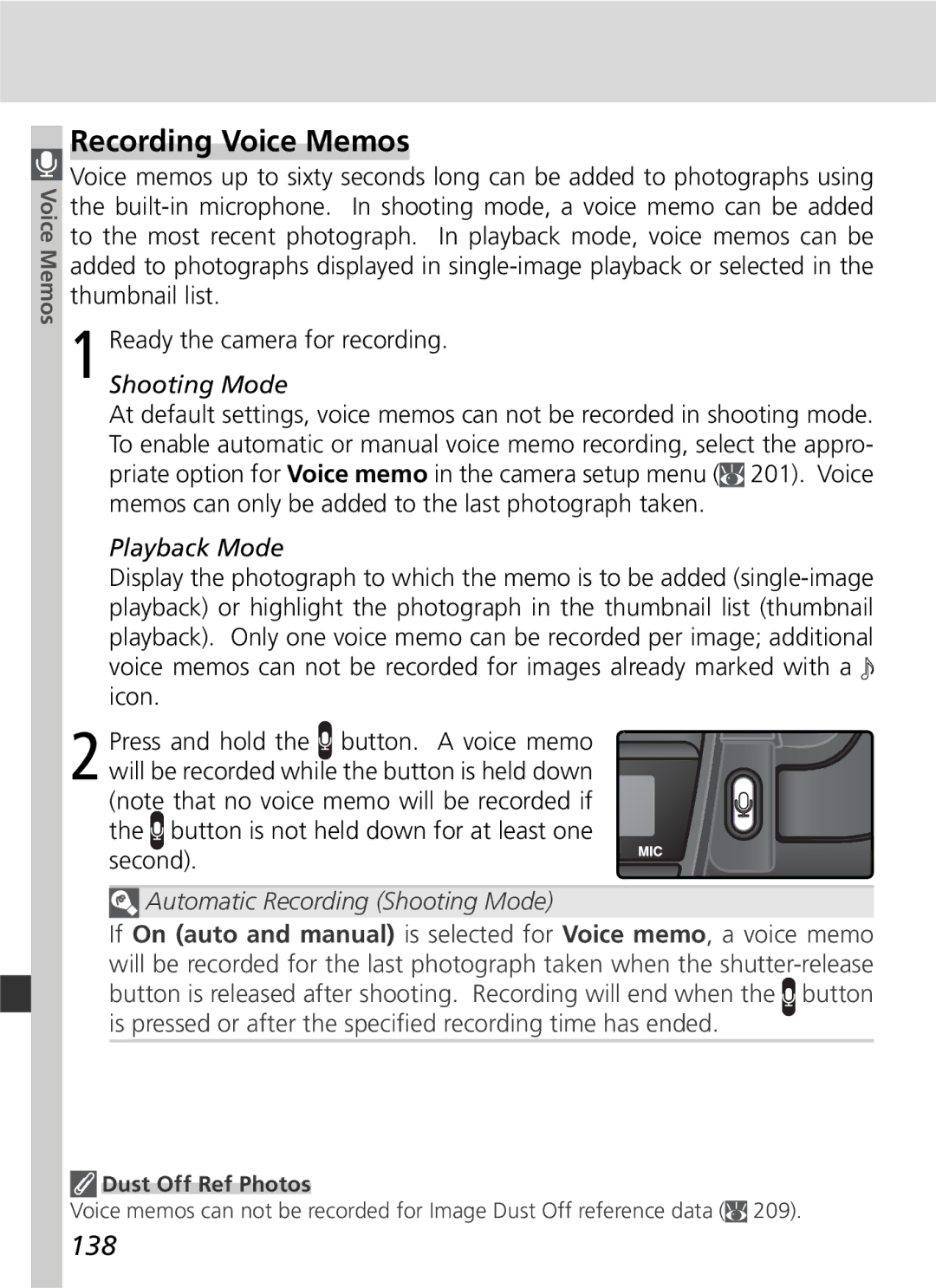 Nikon D2Hs manual Recording Voice Memos, 138, Playback Mode, Dust Off Ref Photos 