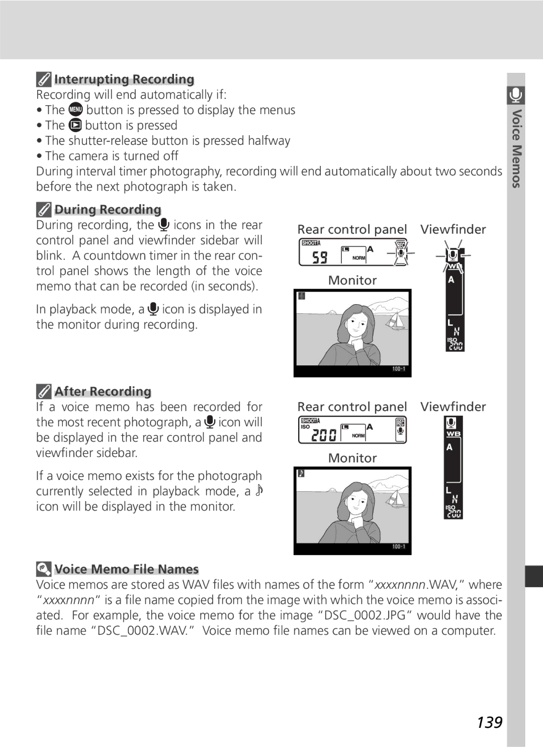 Nikon D2Hs manual 139, Interrupting Recording, During Recording, After Recording, Voice Memo File Names 