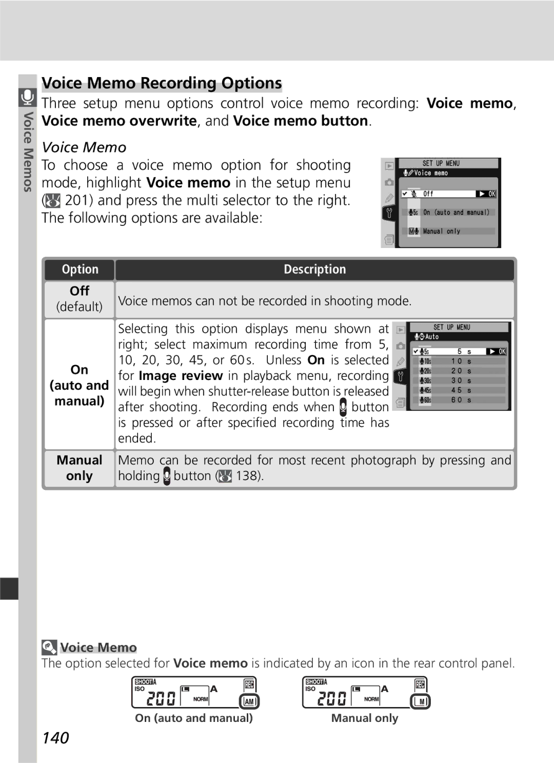 Nikon D2Hs manual Voice Memo Recording Options, 140, Off 