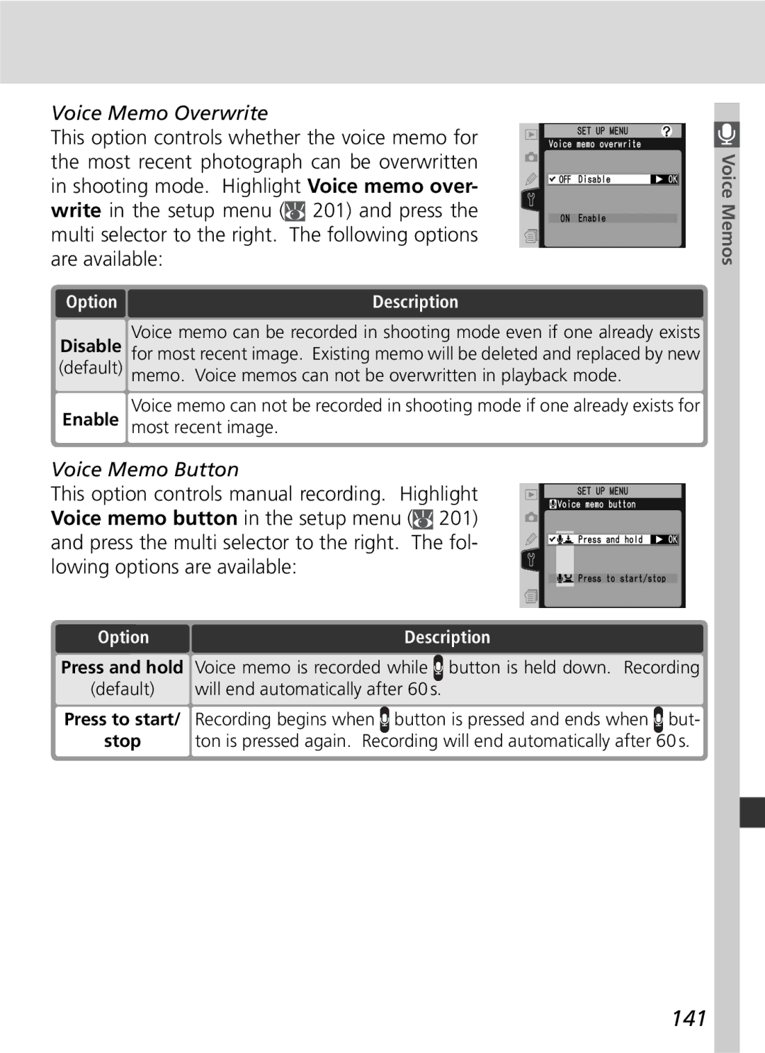 Nikon D2Hs manual 141, Voice Memo Overwrite, Voice Memo Button, ToOption Description 