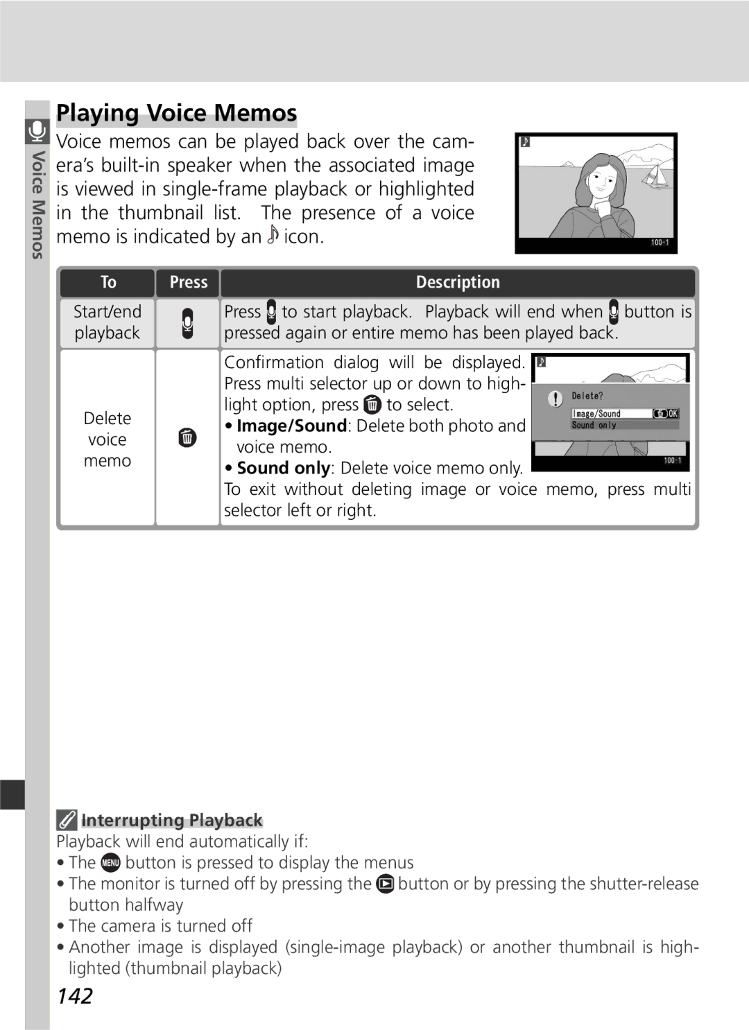 Nikon D2Hs manual Playing Voice Memos, 142, Press Description, Interrupting Playback 