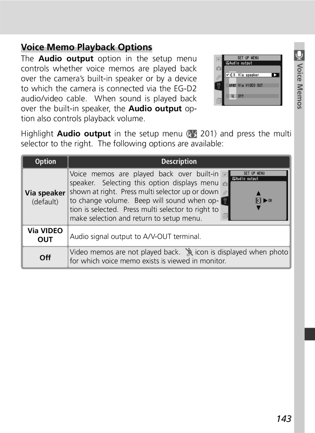 Nikon D2Hs manual Voice Memo Playback Options, 143, OptionTo, Via Video 