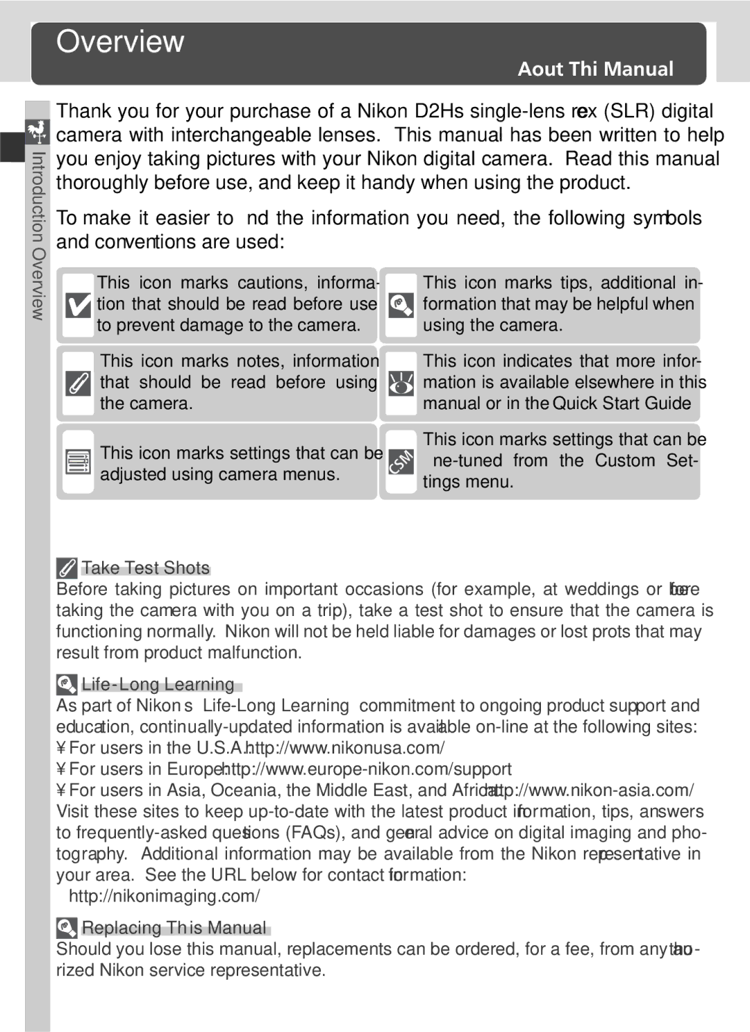 Nikon D2Hs manual Overview, About This Manual, Take Test Shots, Life-Long Learning, Replacing This Manual 