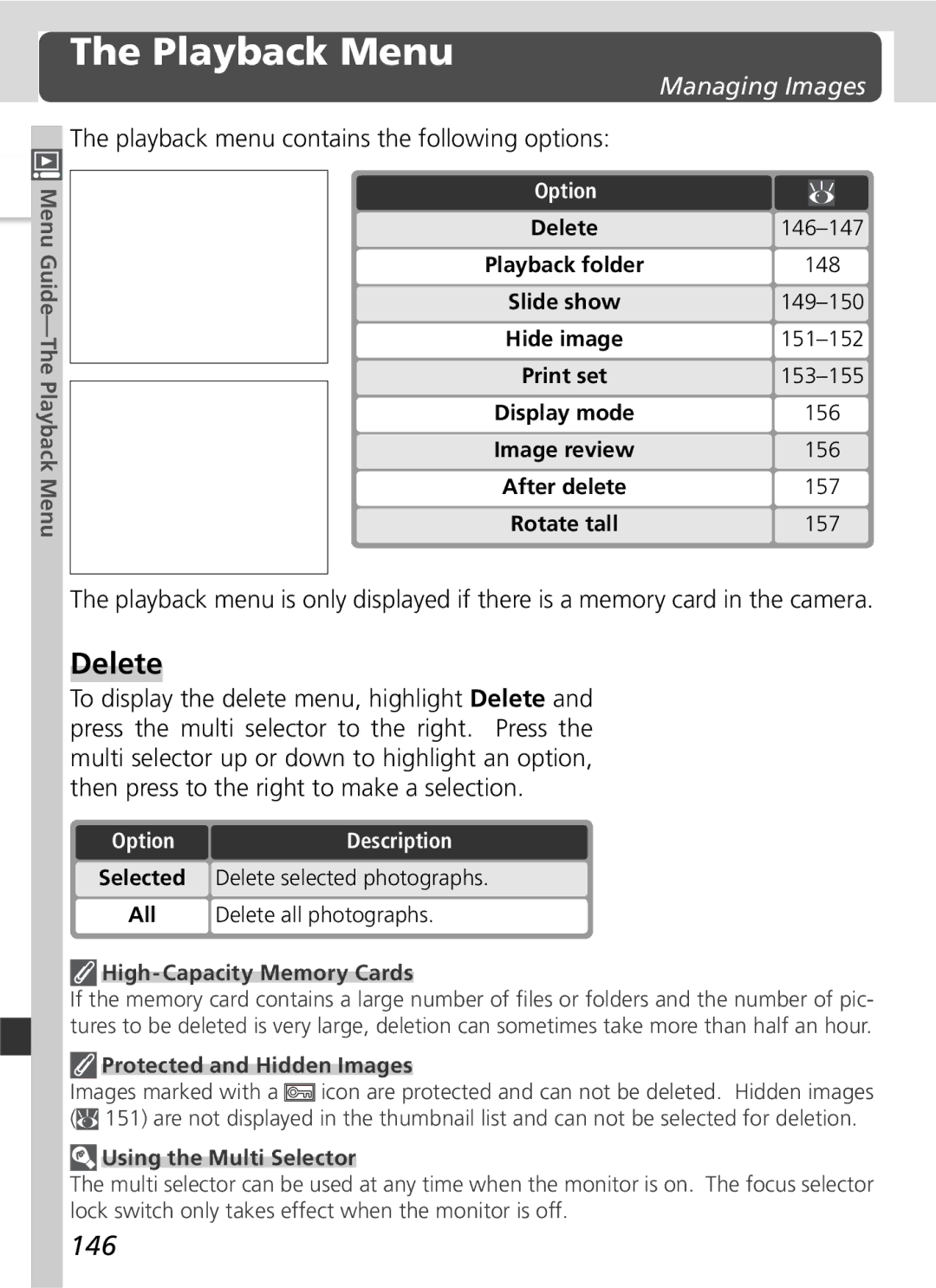 Nikon D2Hs manual Playback Menu, Delete, 146, Managing Images, Playback menu contains the following options 