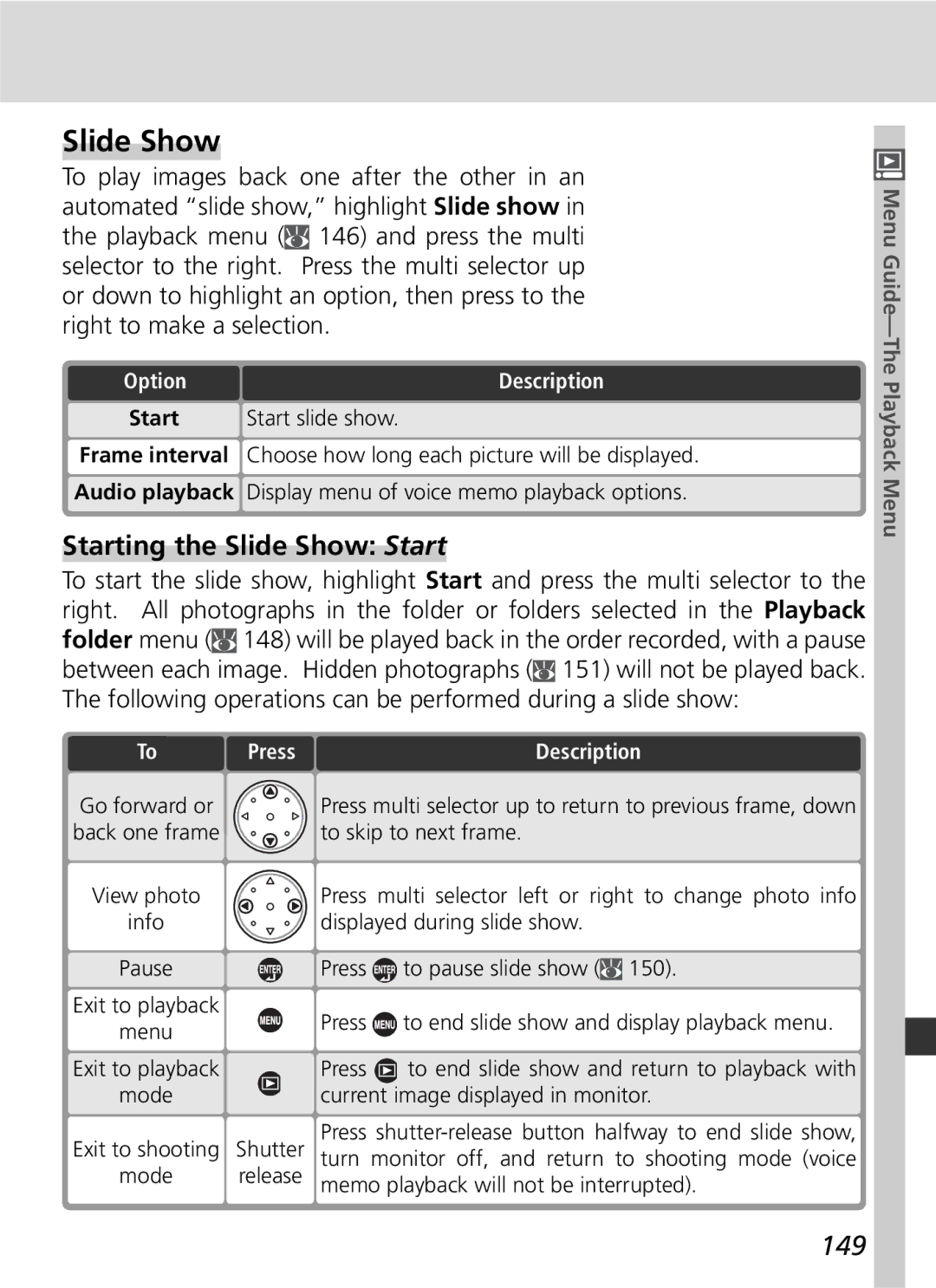 Nikon D2Hs manual Starting the Slide Show Start, 149, To To 