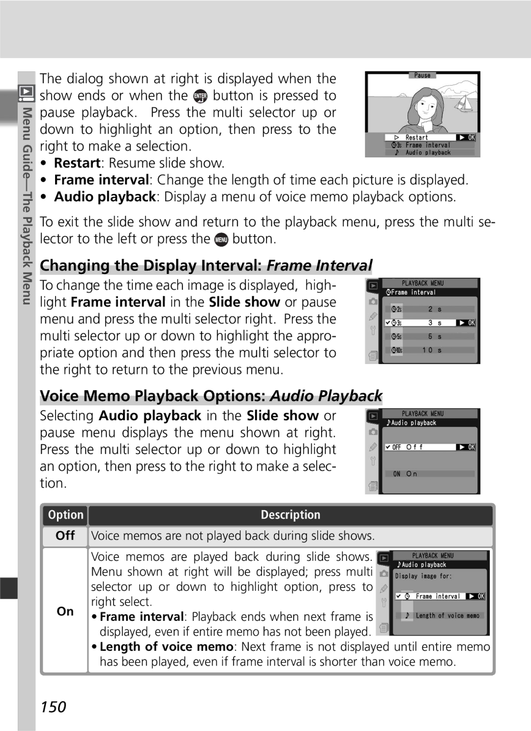 Nikon D2Hs manual Changing the Display Interval Frame Interval, Voice Memo Playback Options Audio Playback, 150 