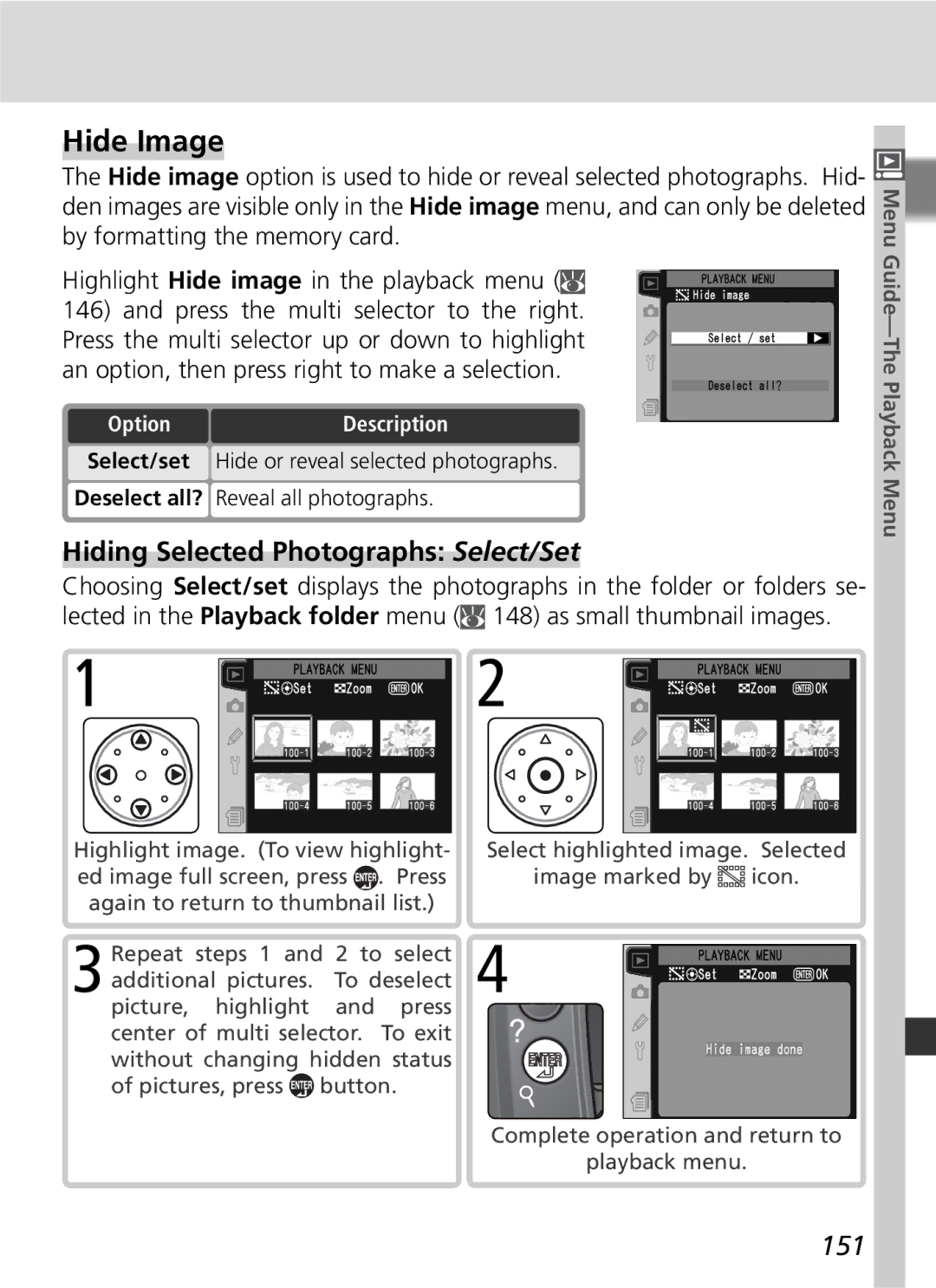 Nikon D2Hs manual Hide Image, Hiding Selected Photographs Select/Set, 151, OptionDescription 