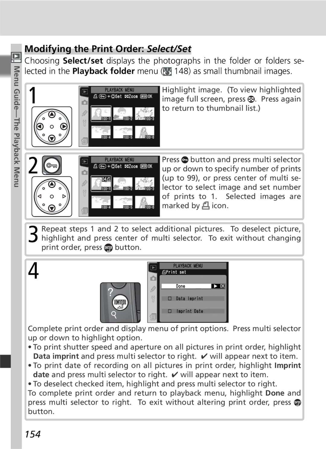 Nikon D2Hs manual Modifying the Print Order Select/Set, 154 