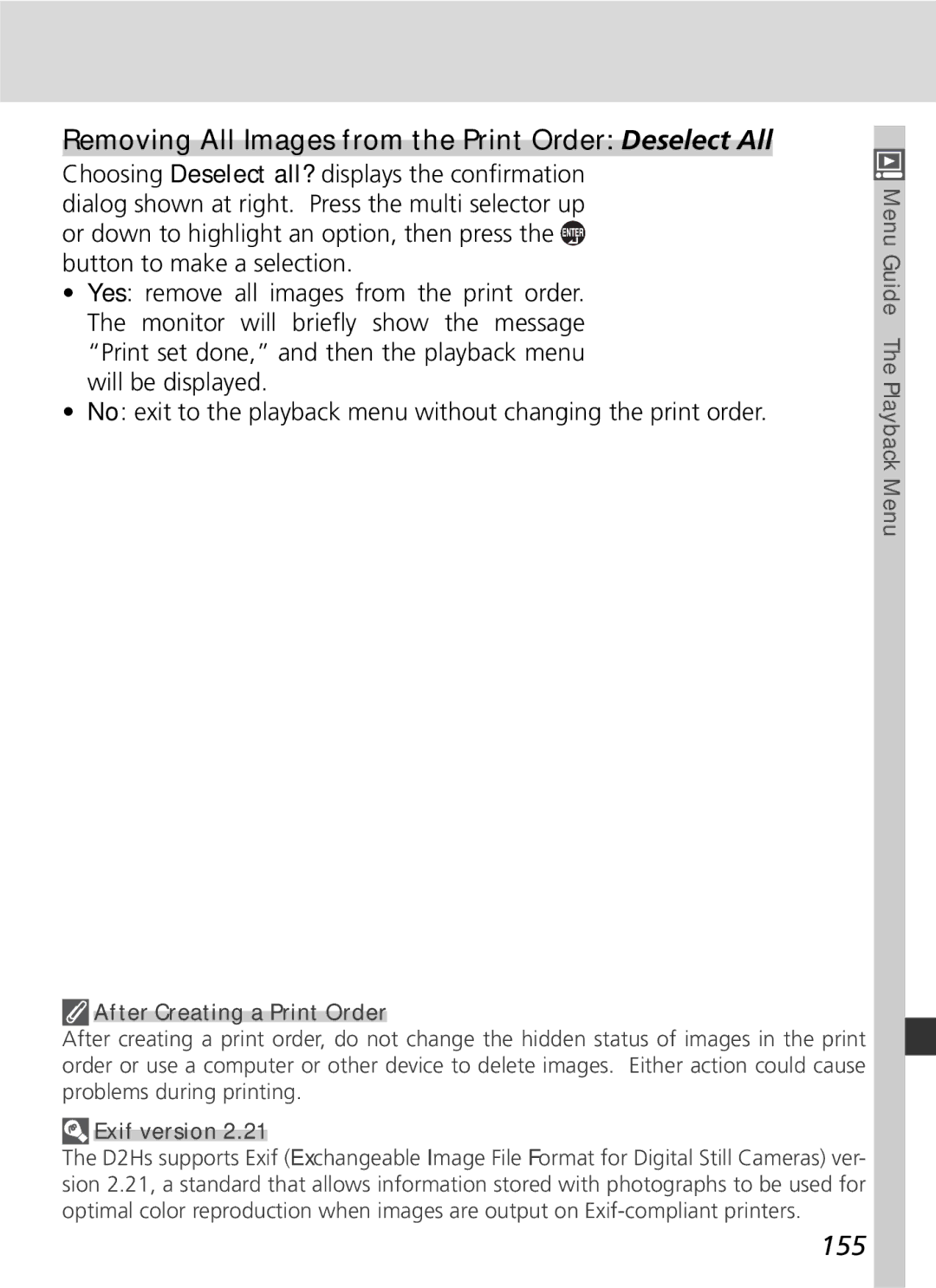 Nikon D2Hs manual Removing All Images from the Print Order Deselect All, 155, After Creating a Print Order, Exif version 