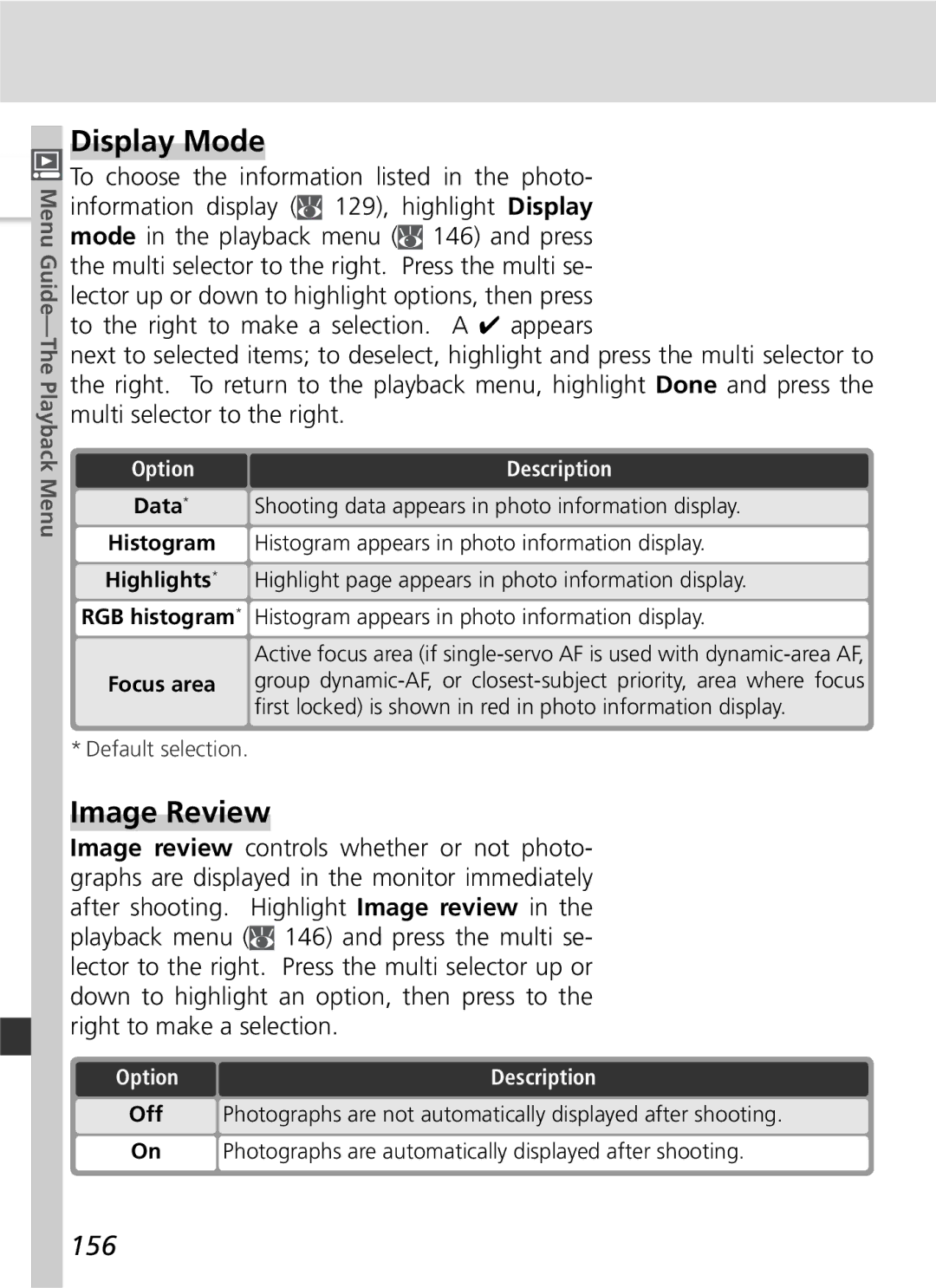 Nikon D2Hs manual Display Mode, Image Review, 156, Data 