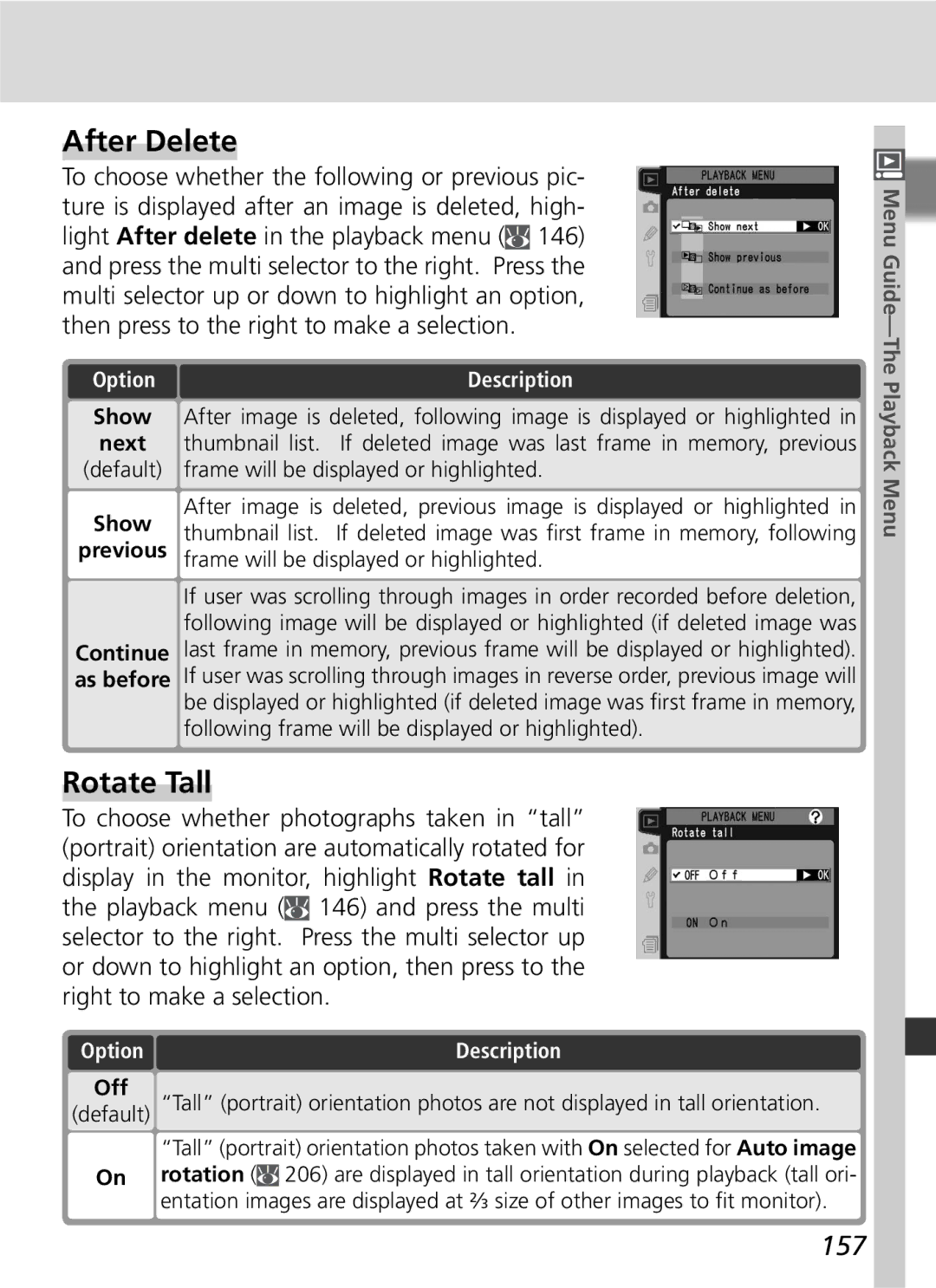 Nikon D2Hs manual After Delete, Rotate Tall, 157, Frame will be displayed or highlighted 