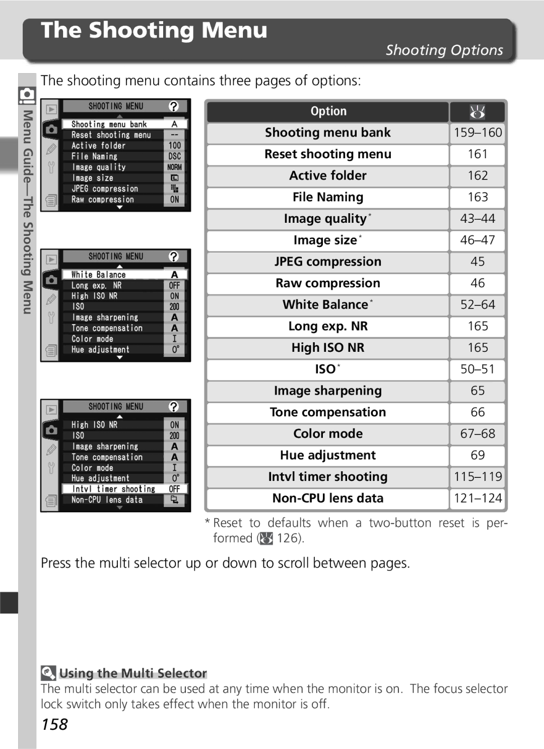 Nikon D2Hs manual Shooting Menu, 158, Shooting Options, Shooting menu contains three pages of options 