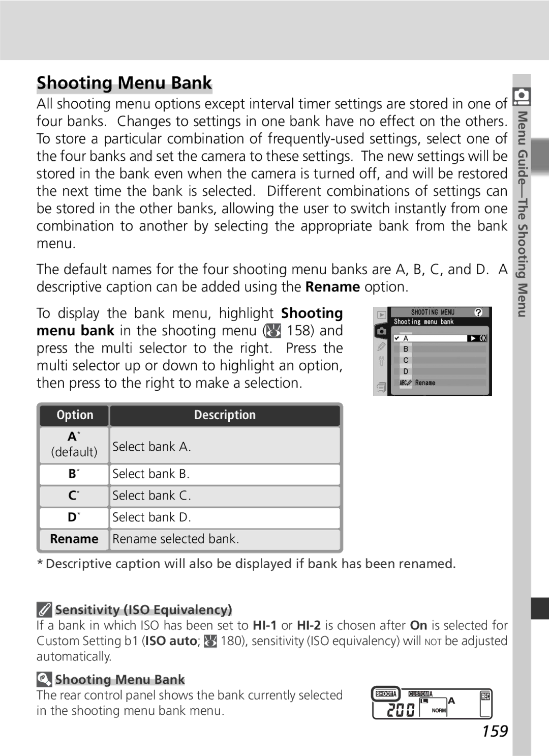 Nikon D2Hs manual Shooting Menu Bank, 159, Sensitivity ISO Equivalency 