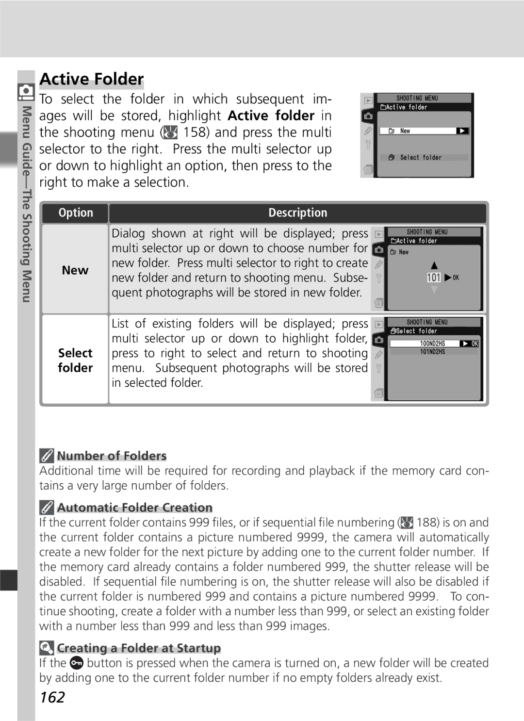 Nikon D2Hs manual Active Folder, 162, Number of Folders, Automatic Folder Creation, Creating a Folder at Startup 