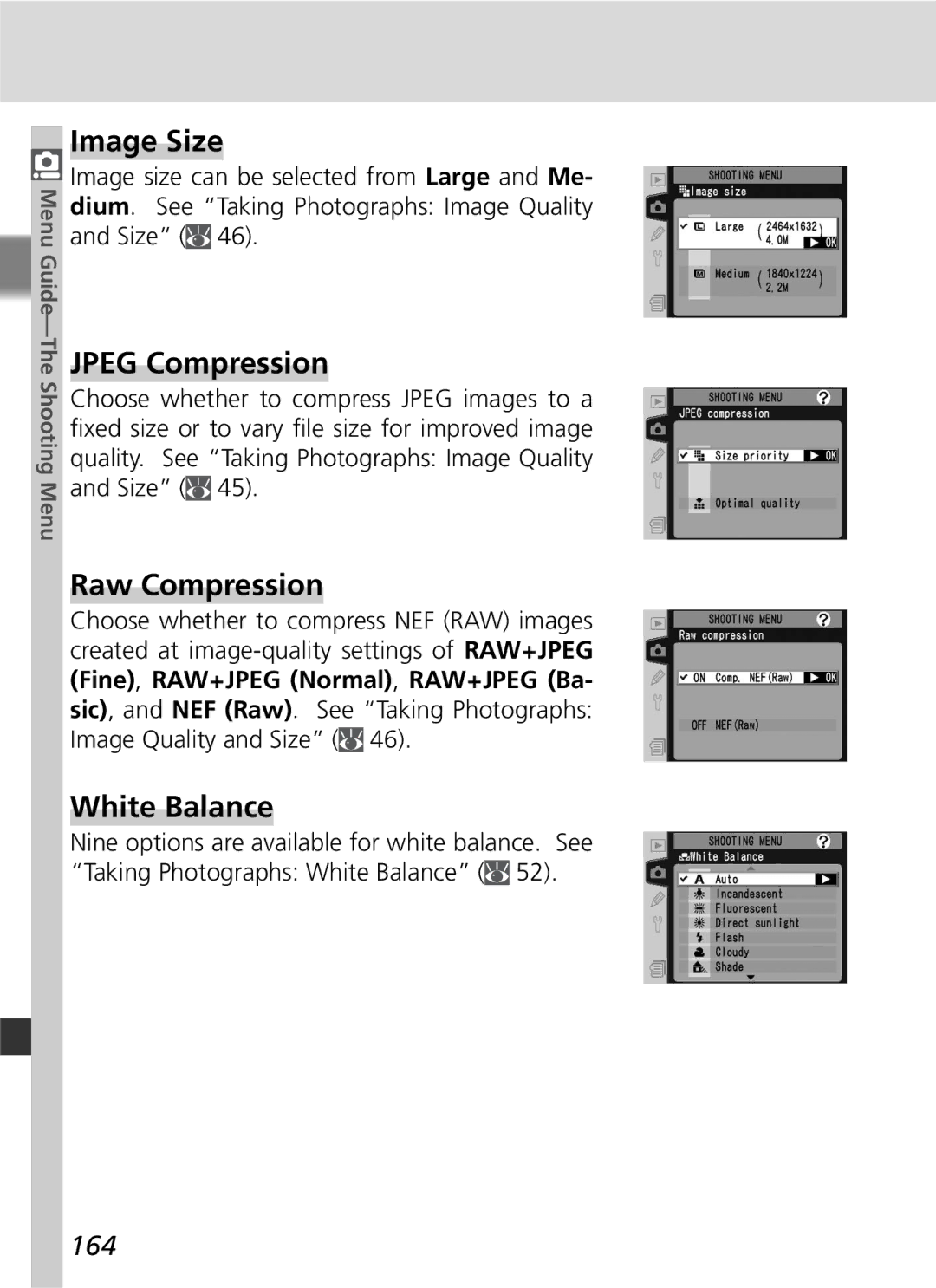 Nikon D2Hs manual Jpeg Compression, Raw Compression, White Balance, 164 