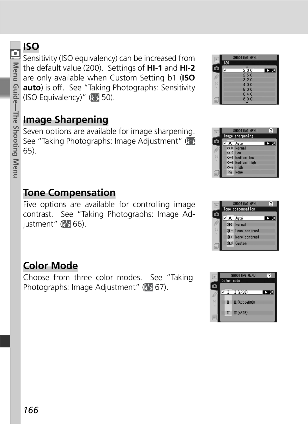 Nikon D2Hs manual Image Sharpening, Tone Compensation, Color Mode, 166 