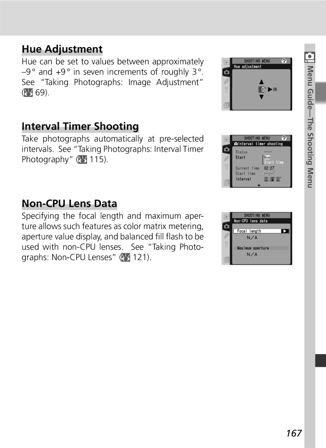 Nikon D2Hs manual Hue Adjustment, Interval Timer Shooting, Non-CPU Lens Data, 167 