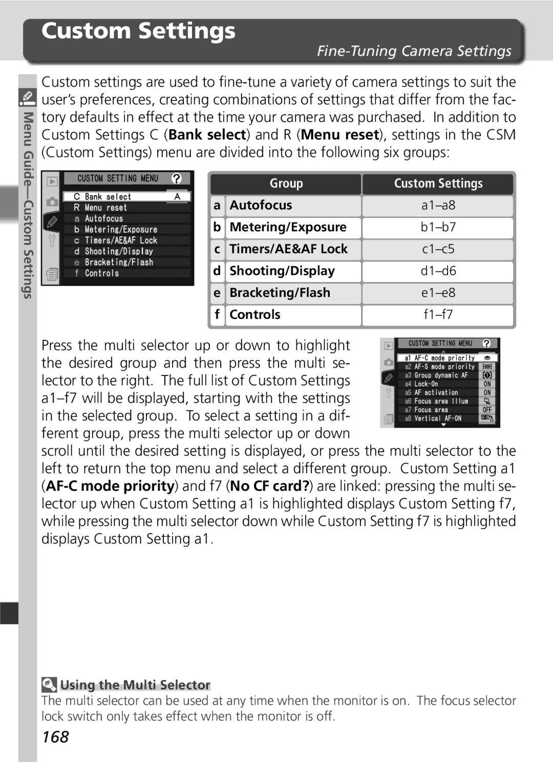 Nikon D2Hs manual Custom Settings, 168, Fine-Tuning Camera Settings, Group 