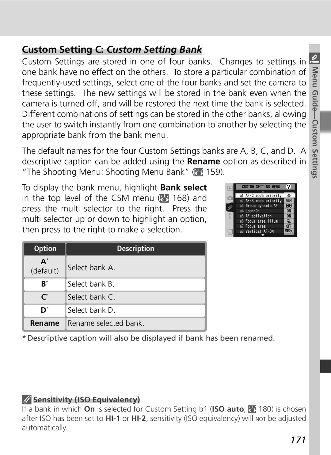 Nikon D2Hs manual Custom Setting C Custom Setting Bank, 171 