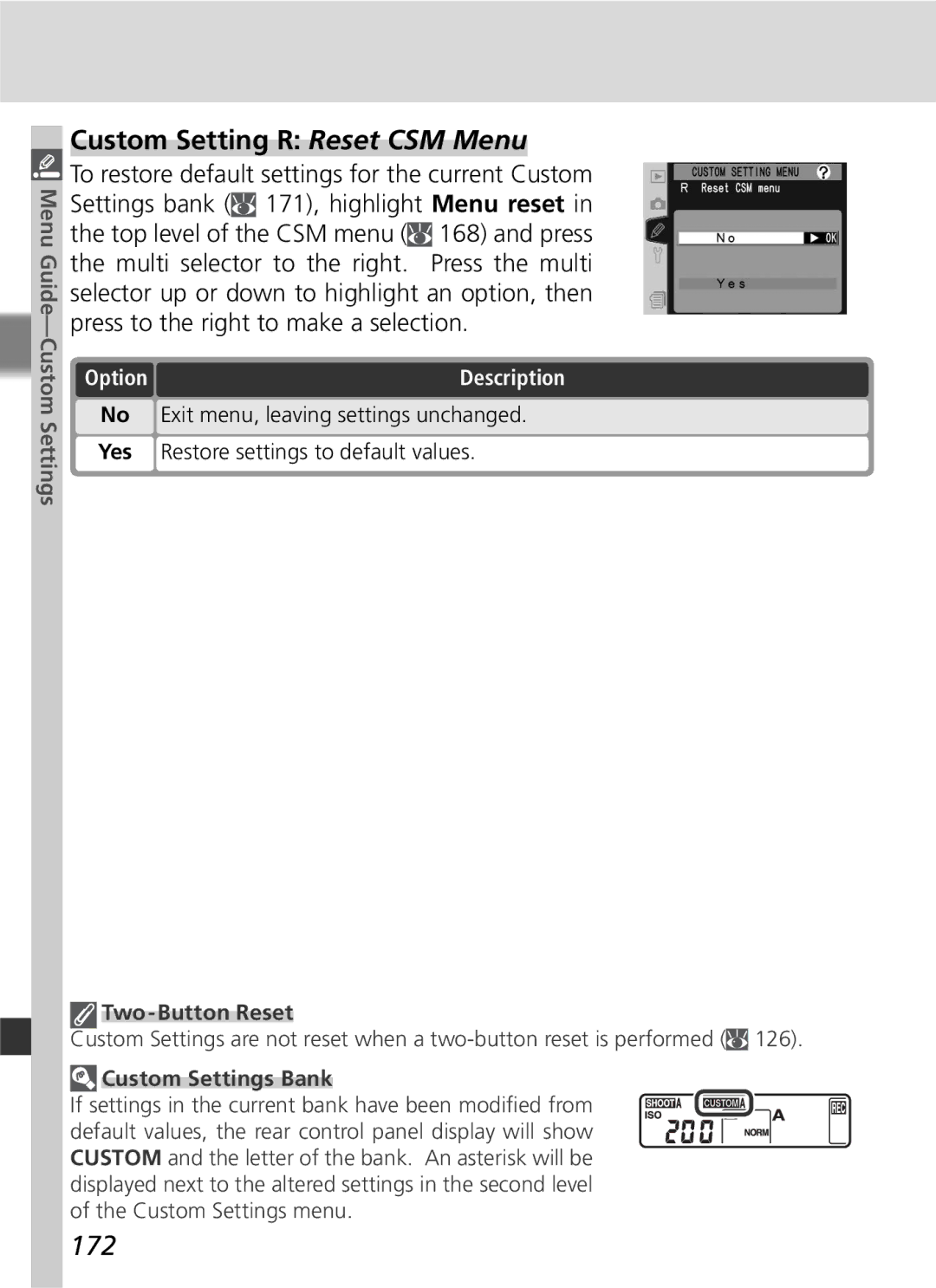 Nikon D2Hs manual Custom Setting R Reset CSM Menu, 172, Two-Button Reset, Custom Settings Bank 