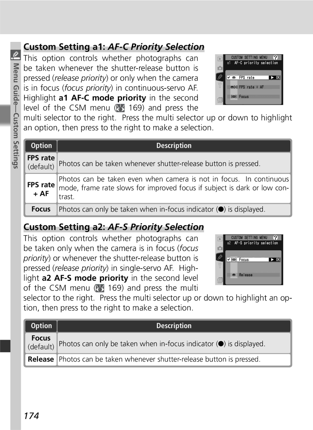 Nikon D2Hs manual Custom Setting a1 AF-C Priority Selection, Custom Setting a2 AF-S Priority Selection, 174, FPS rate 